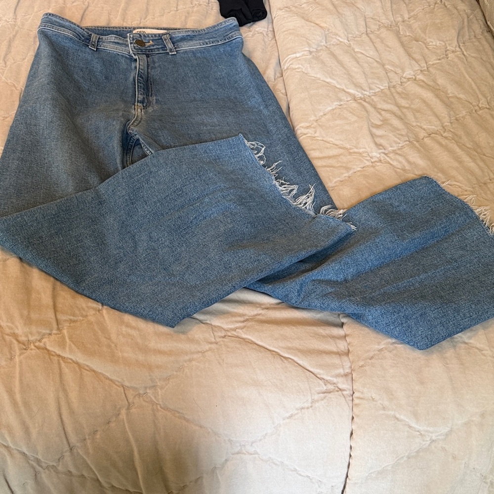 Zara Light Blue Flared Distressed Jeans